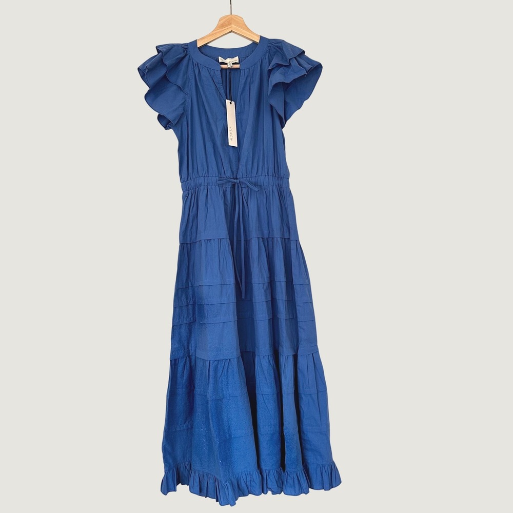 Pinch Blue 100% Cotton Tiered Flutter Sleeve Maxi Dress XS NWT Boho Summer